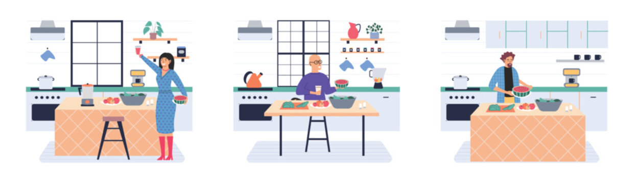 People cooking vegetarian food. Vector illustration. People cooking at home, happy couple kitchen. Home cooking room with wooden dining table. Home kitchen cooking, Man and woman preparation breakfast
