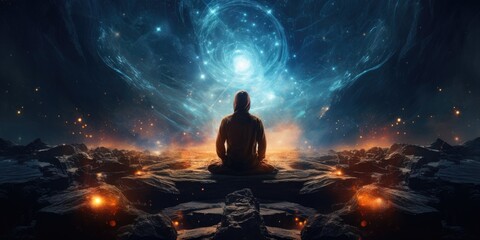 Person meditating in deep space ai generated - obrazy, fototapety, plakaty