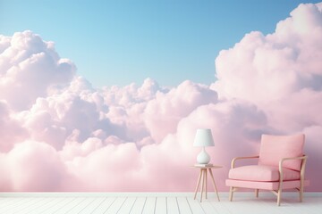 Pink pastel and white clouds on blue sky wall in interior with sofa and chairs ai generated