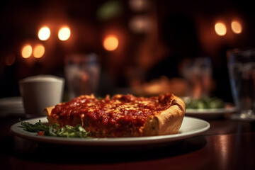 Chicago-style deep-dish pizza, American food, bokeh 