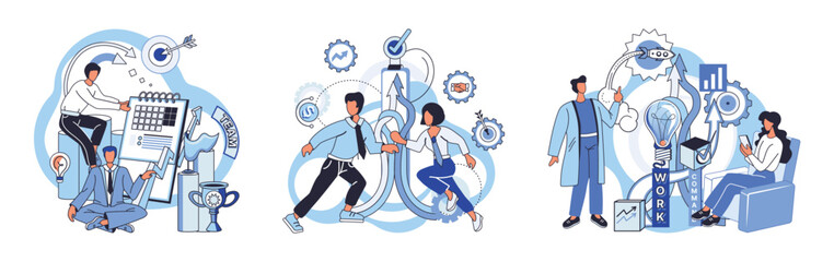 Team solving complex problems. Teamwork vector illustration metaphor. Coworkers characters communication Team building and business partnership concept Brainstorming team discuss about new project