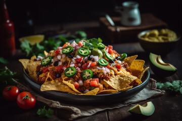 Tex-Mex nachos with guacamole and salsa, American food, bokeh  - obrazy, fototapety, plakaty