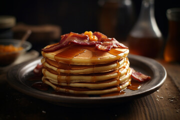 Pancakes with maple syrup and bacon, American food, bokeh 