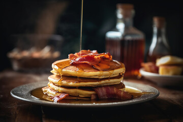 Pancakes with maple syrup and bacon, American food, bokeh 