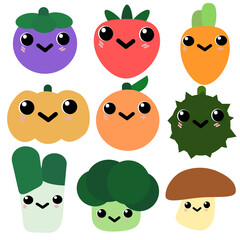 set of cartoon vegetables, mangosteen, strawberry, durian, Carrot, orange, broccoli, pumpkin, onion, mushroom, Vector illustration.