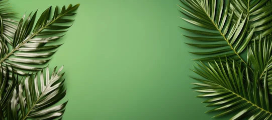 Fotobehang Top view of green tropical leaves on sand color ai generated © Tymofii