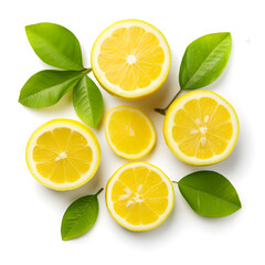 Fototapeta premium Fresh Lemon Slices and Leaves Top View Decorative Arrangement on White Background
