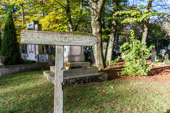 Krematorium sign in a churchyard
