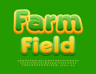 Vector fresh sign Farm Field. Modern Creative Font. Yellow and Green Alphabet Letters, Numbers and Symbols set