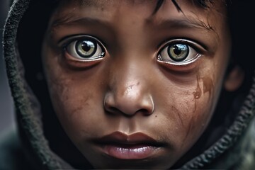 Close-up portrait of poor starving orphan boy slum boy in refugee camp with sad expression dirty face and clothes and eyes full of pain - obrazy, fototapety, plakaty