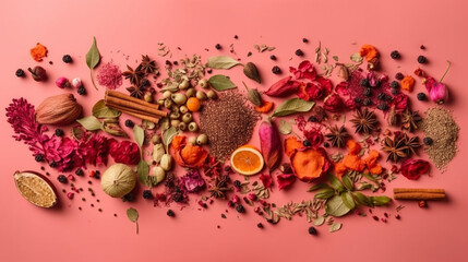 Colorful spices and herbs, Solid pink background, 