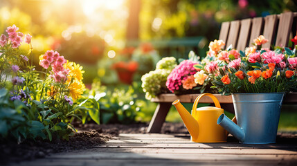 Arrangement of gardening items: flowers, pots, soil, and plants against a sunny garden backdrop. - obrazy, fototapety, plakaty
