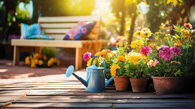 Sunny garden scene showcasing gardening essentials: flowers, pots, soil, and plants.