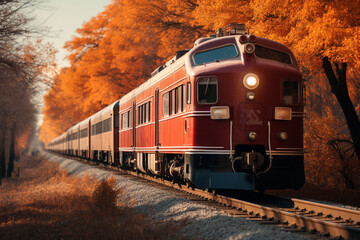 Fototapeta premium train trip during the autumn season, when the landscapes are painted in vibrant hues of red, orange, and gold, photographing the stunning fall foliage along the way Generative AI