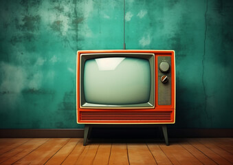 Retro old tv on circus vintage wall background