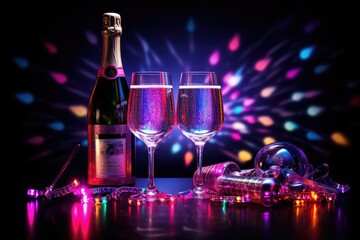 Party background, bottle of champagne and glasses