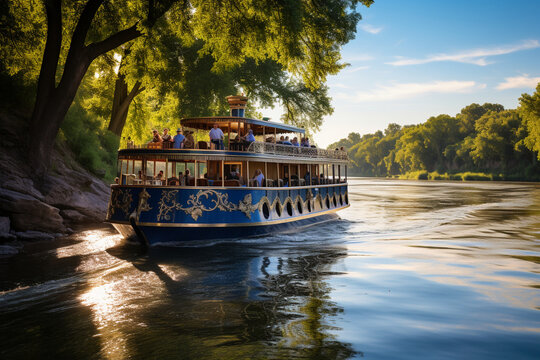 leisurely river cruise, navigating through scenic waterways, passing by charming towns, historical landmarks, and picturesque landscapes, capturing the charm of riverfront living Generative AI