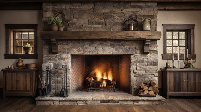 Rustic farmhouse wood beams fireplace
