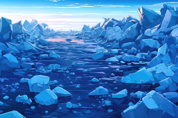 Winter Background With Shards Of Blue Ice And Piles Of Ice On The Lake. Generative AI