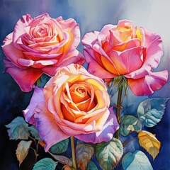 Watercolor drawing multicolored roses closeup