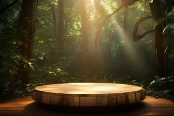 Fototapeta premium Wooden round short podium for product