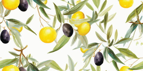 Modern Beautiful seamless pattern with hand drawn watercolor yellow lemons on branches with leaves and black olives. Collage contemporary seamless pattern