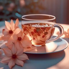 Fototapeta na wymiar Cup of tea with flowers on the table in the morning light.