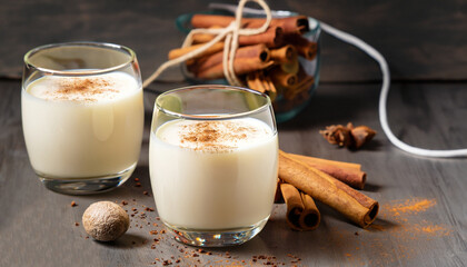 Traditional winter eggnog with milk, rum and cinnamon, sprinkle with grated nutmeg, selective focus