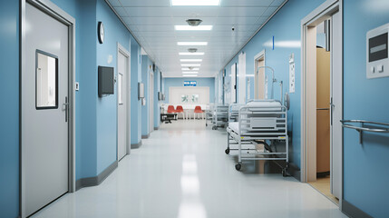 Empty corridor in a modern hospital setting.