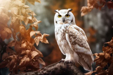 Küchenrückwand glas motiv white owl with nature background style with autum © wendi