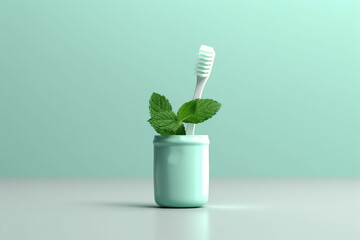 Toothbrush and mint in a glass. Generative AI technology.