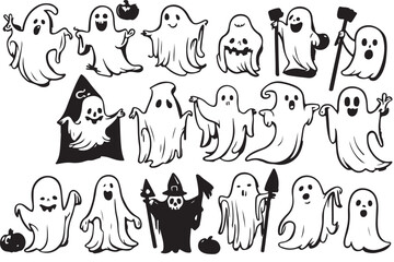 Set halloween vector illustrations ghosts and pumpkins with bats on white