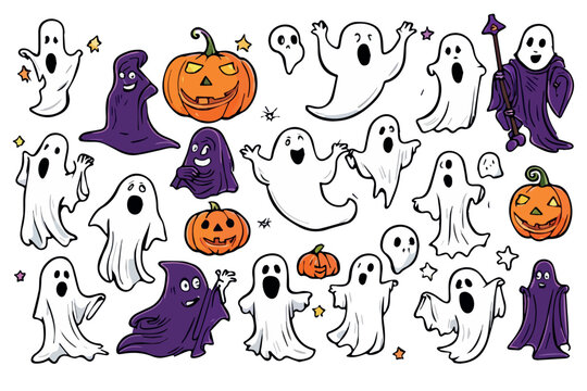 Set halloween vector illustrations ghosts and pumpkins with bats on white