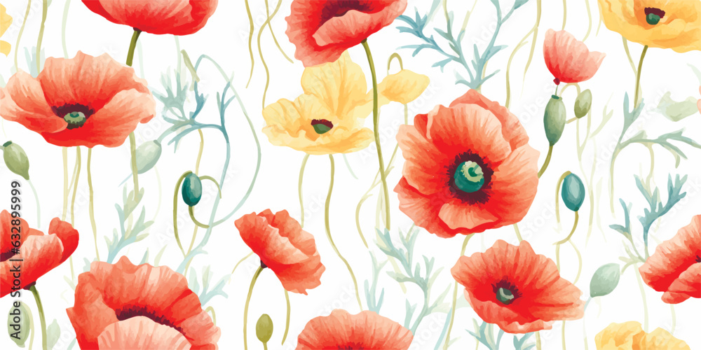 Wall mural Beautiful seamless pattern with watercolor hand drawn colorful poppy flowers. Beautiful seamless pattern with watercolor hand drawn colorful poppy flowers