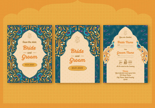 Beautiful Indian Hindu Wedding Card Templates Design with Peacock Pattern in Sea Green and Violet Colors.