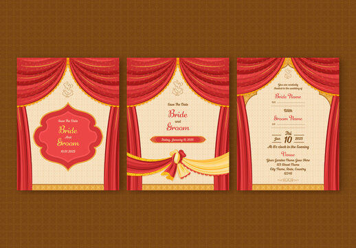 Indian Hindu Wedding Invitation Card Templates with Red and Yellow Holy Wedding Knot.