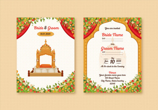 Exquisite Floral Decorated Indian Hindu Wedding Invitation Card Template with Holy Mandap (firepit).