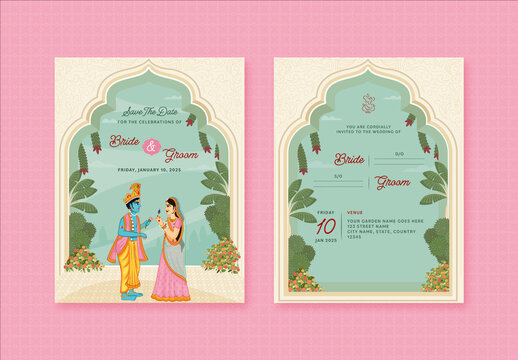Exquisite Indian Hindu Wedding Invitation Card with Lord Krishna with her beloved Radha Characters and Flowers Decoration.