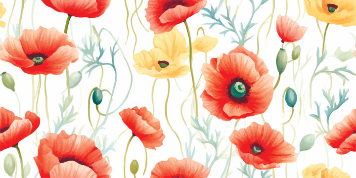 Beautiful seamless pattern with watercolor hand drawn colorful poppy flowers. Beautiful seamless pattern with watercolor hand drawn colorful poppy flowers