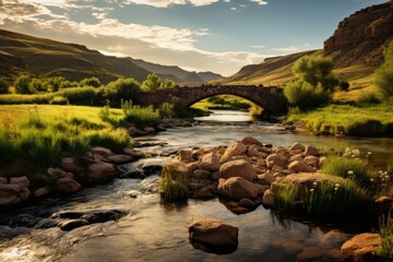 Obraz premium Meandering River With A Picturesque Bridge, Generative AI