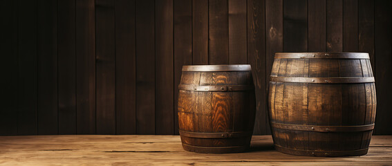 Wooden barrel arrangement in the backdrop.