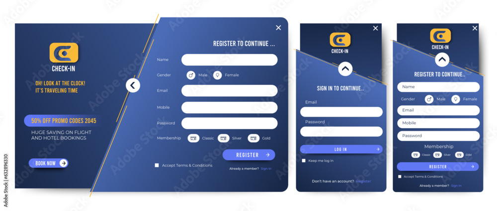 Sticker blue sign up and sign in forms page template. website and mobile. user-friendly design materials. ve