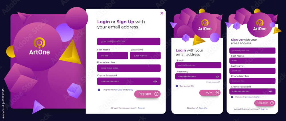 Poster set of sign up and sign in forms. blue gradient. mobile registration and login forms page. professio