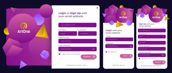 Set of Sign Up and Sign In forms. Blue gradient. Mobile Registration and login forms page. Professional web design, full set of elements. User-friendly design materials.