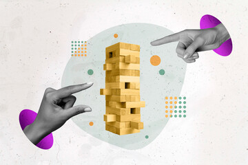 Image banner photo poster collage of business people person build huge high jenga tower isolated on painted 3d background