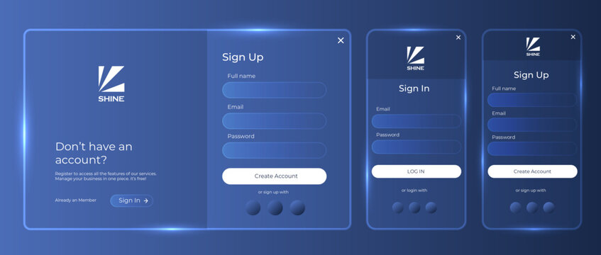 Glass morphism Sign Up and Sign In forms page template. User-friendly design materials. vector