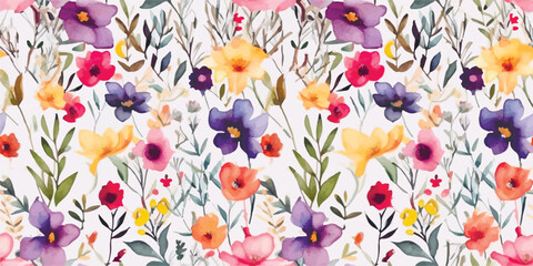 Beautiful seamless pattern with watercolor hand drawn colorful flowers. Modern floral pattern. Collage contemporary seamless pattern. Hand drawn pattern