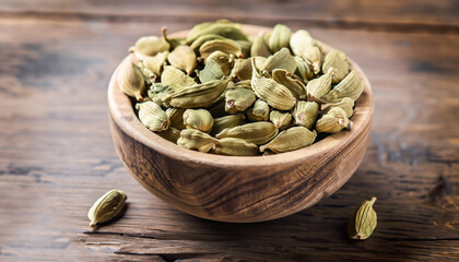 Dry whole cardamom, vintage wooden background, selective focus