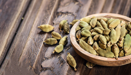 Dry whole cardamom, vintage wooden background, selective focus