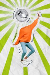 Poster collage artwork sketch of unusual weird person no face have fun dance enjoy weekend isolated...